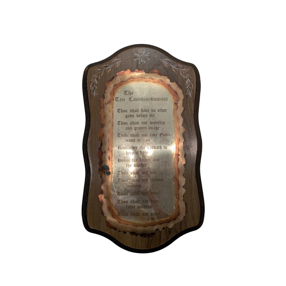 Vintage Home Interiors The Ten Commandments Wood & Brass Wall Plaque 19" x 10.5"